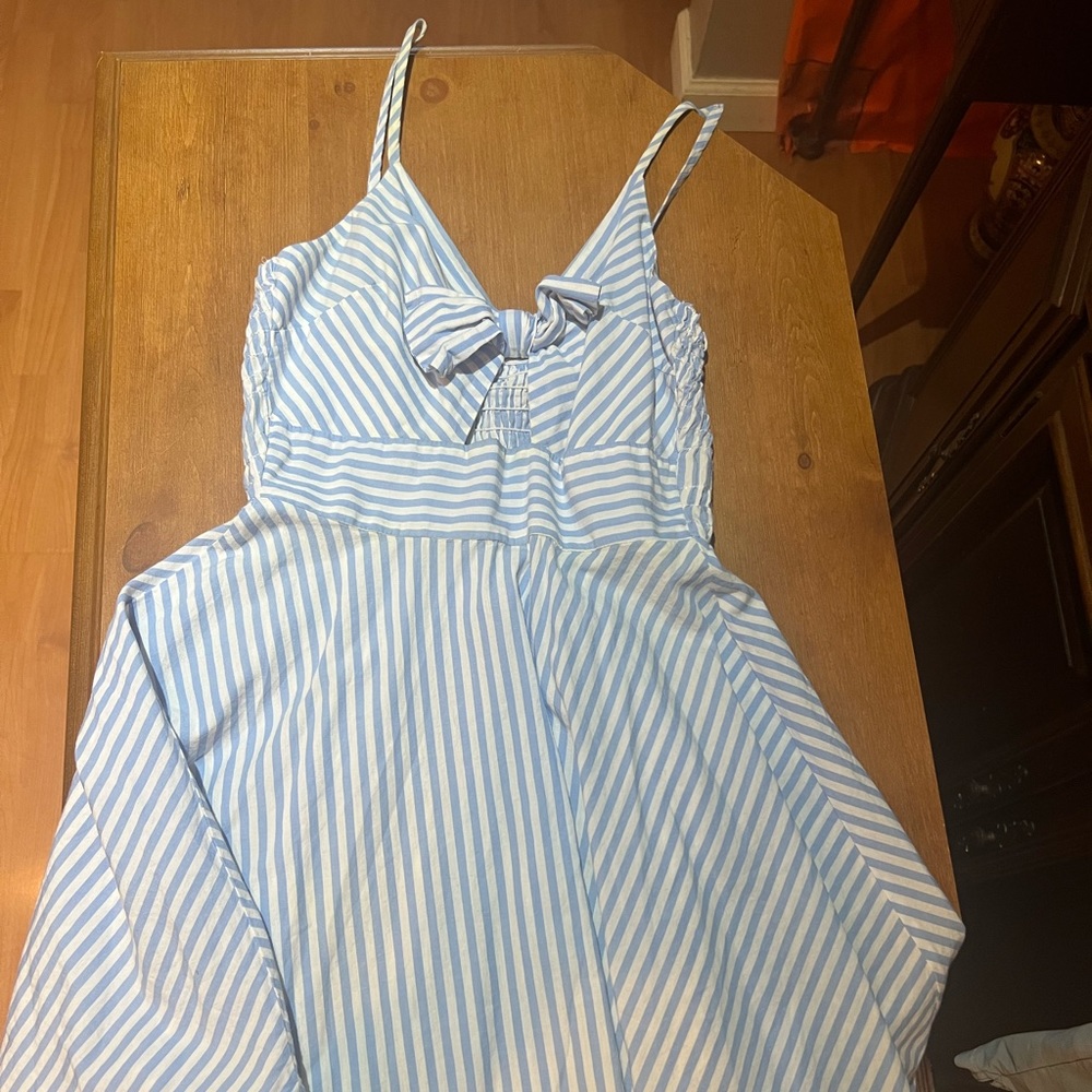 Light blue and white striped mini dress